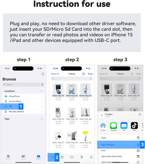 USB C SD Card Reader for iPhone 15/iPad/MacBook, xdgeLoad USB-C Type C Adapter for SD and MicroSD Cards
