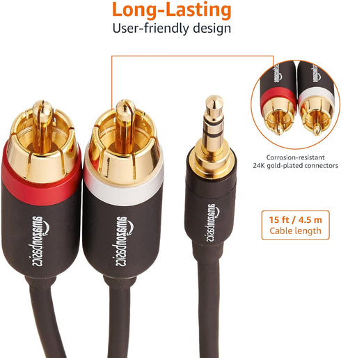 Amazon Basics 3.5 Aux to 2 x RCA Adapters, Audio Cable for Amplifiers, Active Speakers (15 Feet/4.6 m, Black)