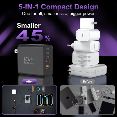 USB C Fast Wall Charger Block, 2 Pack 60W PD+QC Multiport Power Adapter for iPhone 16/15/14/13/12/11/Pro Max