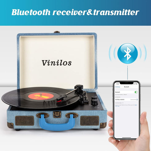 Vinilos Record Players - Bluetooth Turntable with Speakers, Portable Suitcase Phonograph, 3-Speed