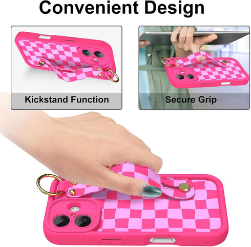Jefonha 17 Compatible with Phone Case with Finger Hand Strap for Girls Women, Cute Checkered Checkerboard Phone Case