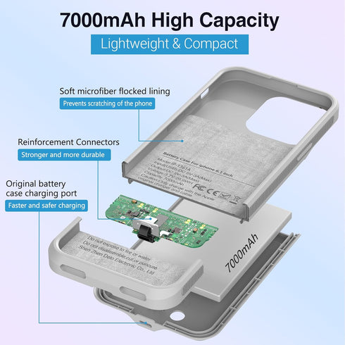 ZENEE Battery Case for iPhone 13/13 Pro/14/14 Pro, 7000mAh Portable Extended Charger Cover (6.1 inch) - Gray