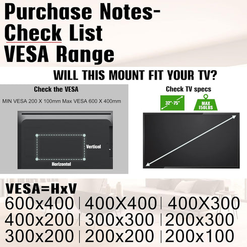 AENTGIU 32-75 Inch 600x400mm, 150 lbs Studless TV Wall Mount, No Drill Drywall TV Mount for Smart TVs, Max VESA Low