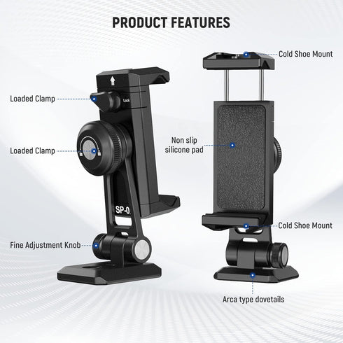 NEEWER Metal Phone Tripod Mount Adapter with Arca QR Base, Cold Shoe, 360° Swivel, Compatible with iPhone 15 Pro