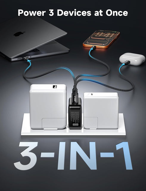JSAUX 65W 3-Port 6.6FT 17, 2, USB C Wall Charger, GaN Fast Charger Block with Foldable Plug, Includes USB C Cable