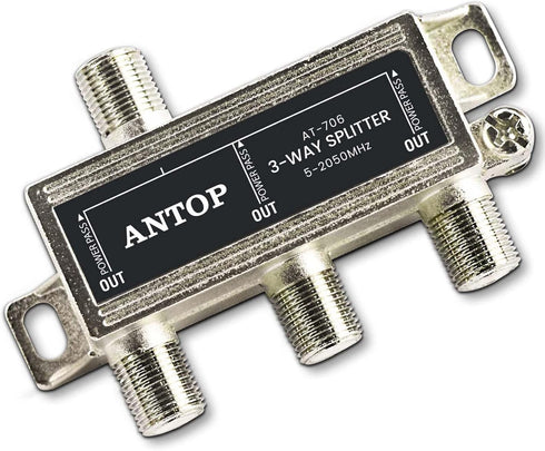 ANTOP 3-Way Coaxial Cable Splitter, 2GHz-5-2050MHz, Works with Satellite, HDTV, Antenna Signal, Silver Plated