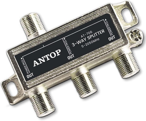 ANTOP 3-Way Coaxial Cable Splitter, 2GHz-5-2050MHz, Works with Satellite, HDTV, Antenna Signal, Silver Plated