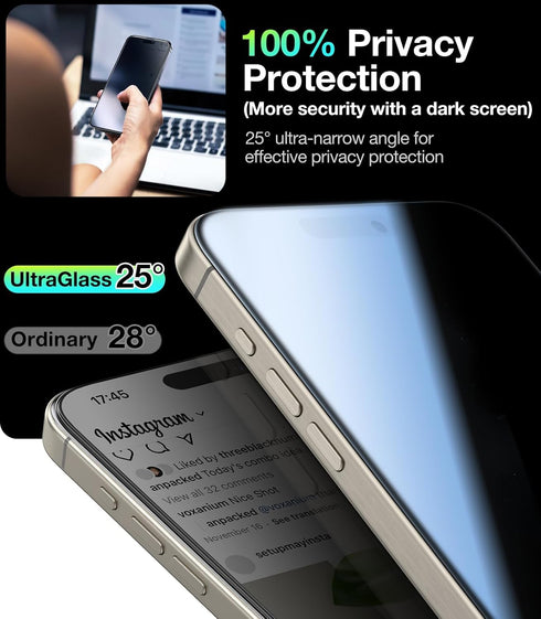 UltraGlass Ultra TOP 9H+ Glass for iPhone 15, Privacy Screen Protector with Full Coverage & Longest Durability
