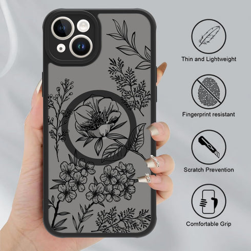 OOK 15 6.1 Inch Designed for iPhone Case Black Floral Flower Leaves Pattern Compatible with Magsafe Soft TPU Bumper
