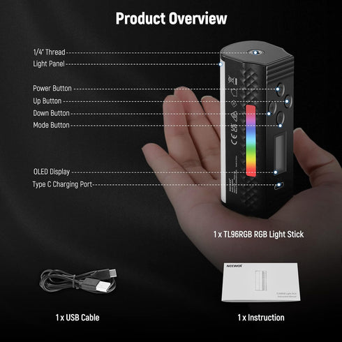 NEEWER TL96RGB 360° Full RGB Mini LED Video Light Stick, 2500mAh Battery, 2500-8500K Dimmable Camera Tube Light for