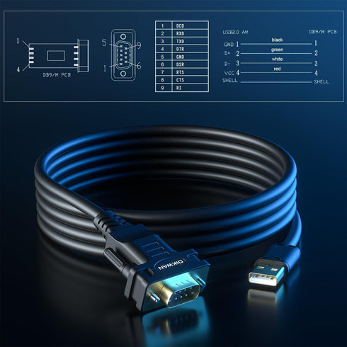 USB to RS232 Serial Adapter with FTDI Chipset, USB 2.0 to Male DB9 Cable for Windows and Mac OS (6ft)