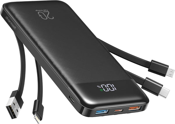 Charmast Power Bank 20000mAh, 20W Fast Charging Portable Charger with Built-in Cables, Slim Battery Pack for iPhone,