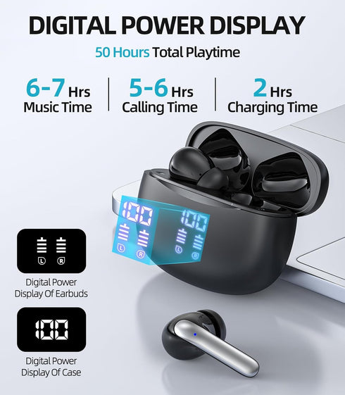 Wireless Bluetooth Earbuds, 50H Playback Deep Bass Stereo Headphones with Dual Mic, Waterproof Charging Case for iPhone