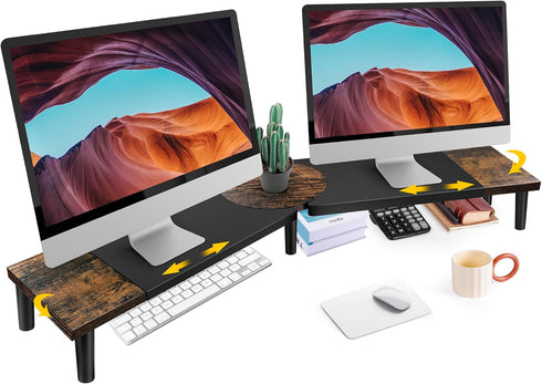 Large Dual Monitor Riser Stand for Desk: Adjustable Length Angle, Double Computer Riser for Desktop Organizer, Monitor