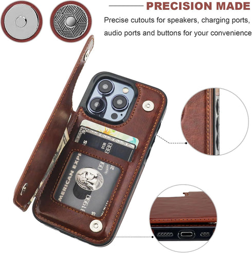 iPhone 15 Pro Wallet Case with Card Holder, PU Leather Kickstand, Double Magnetic Clasp, Durable Shockproof Cover, 6.1