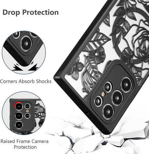 XIZYO Floral Rose Magnetic Case for Samsung Galaxy S23 Ultra, Slim TPU, Shockproof, MagSafe Compatible, Black Aesthetic.