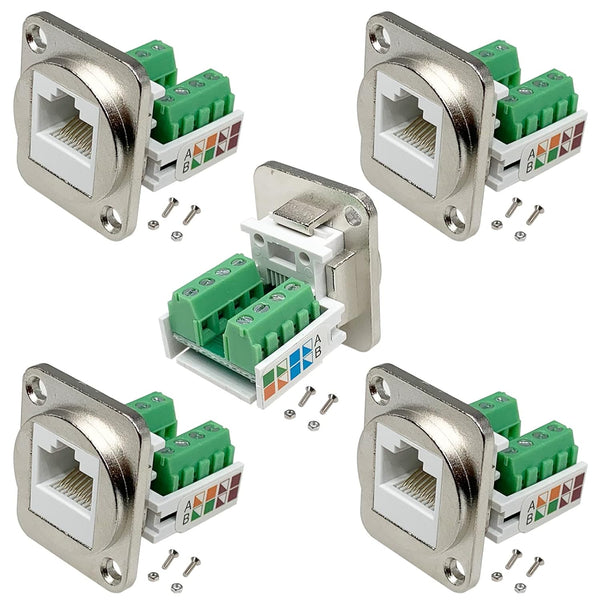 5PCS RJ45 Panel Mount Screw Terminal Adapter, D-Type RJ45 Female Solderless Terminal Cat5E Ethernet Extender