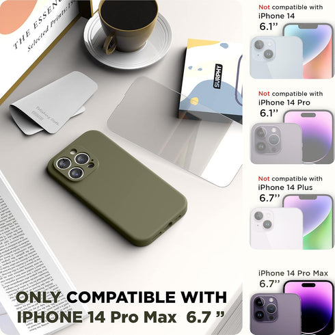SURPHY Designed for iPhone 14 Pro Max Case with Screen Protector, (with Camera Protection + Soft Microfiber Lining) Liquid Silicone Phone Case, Khaki Green