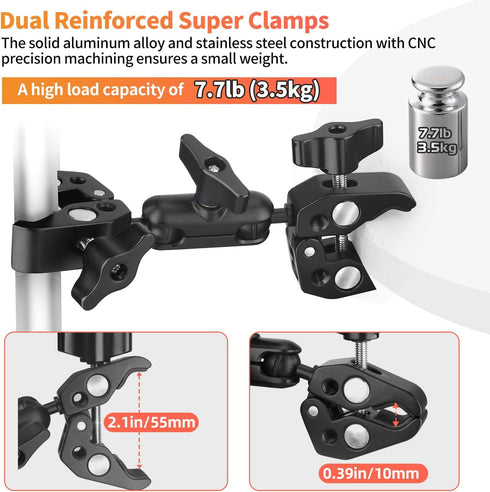 Double Clamp Mount Bracket with 360° Ballhead Magic Arm, Umbrella Holder Clamp Pole Clamps Brackets, Super Clamp Camera Clamp Mount for Umbrella, Tripod Clamp Mount for Cross Bar, Desktop, Light Stand