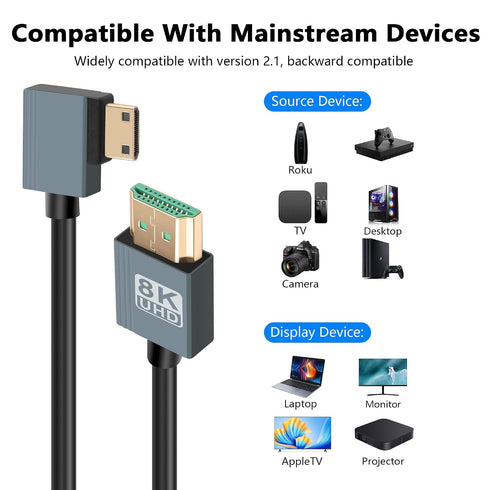 8K 48Gbps 90 3FT CERRXIAN Left Angled Mini HDMI to HDMI Cable, High Speed Degree Mini HDMI to HDMI Coiled Cable Support