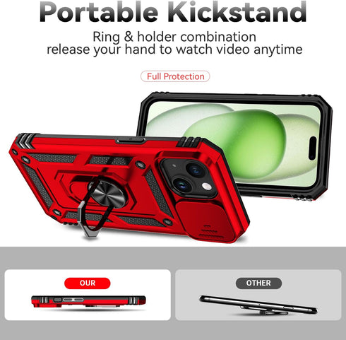 SunStory iPhone 15 Plus Case, Red with HD Screen Protector, Slide Camera Cover & Rotated Ring Kickstand, Military-Grade
