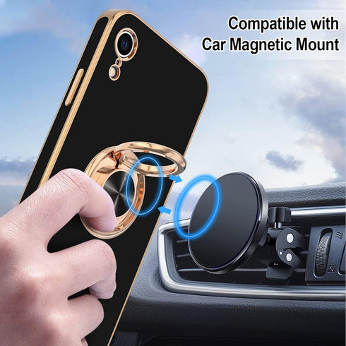 Hython iPhone XR Case - Black Soft TPU Bumper, 360° Rotatable Ring Stand, Shockproof, Rose Gold Edge, 6.1-Inch.