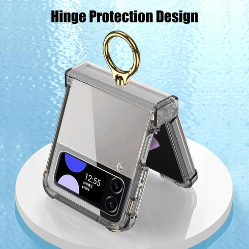 Slim Fit Transparent Hard PC Shockproof Cover for Samsung Galaxy Z Flip 4, with Ring Holder and Hinge Protection (Black)