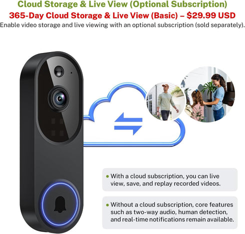 Lunelyx 1080P 2.4G Wireless Video Doorbell Camera, Outdoor Surveillance Cameras, FHD Live View, Cloud Storage, AI Human