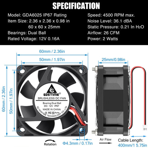 GDSTIME 60mm x 25mm 12V DC Waterproof IP67 Fan, High Speed Dual Ball Bearing Brushless Cooling Fan for Solar Battery