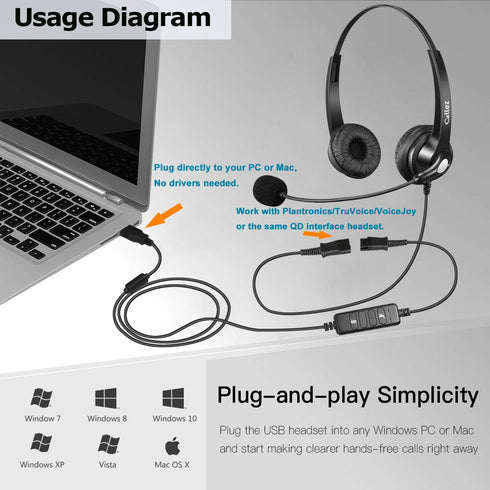 QD Headset USB Adapter Cable for Plantronics QD Wired Headset to USB Plug, In-line Volume Mute Controls, Works for