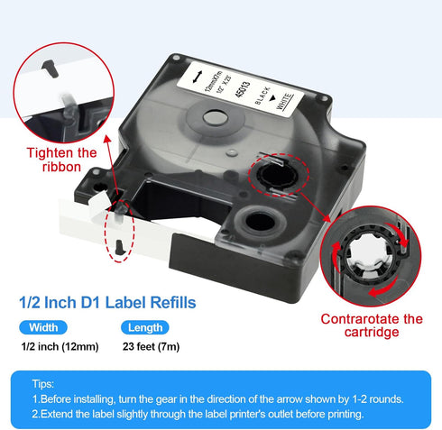 Label Orison Compatible with DYMO D1 Label Tape 45013, Black on White Refill for DYMO LabelManager, 1/2 Inch x 23 Feet