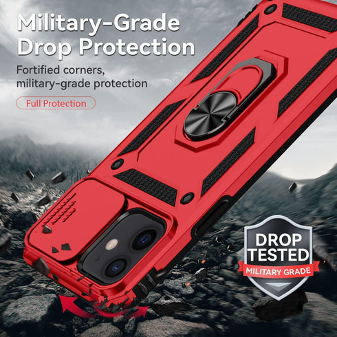 iPhone 12 Mini Case (Red) with Military Grade Drop Protection, Slide Lens Cover, HD Screen Protector & Kickstand.