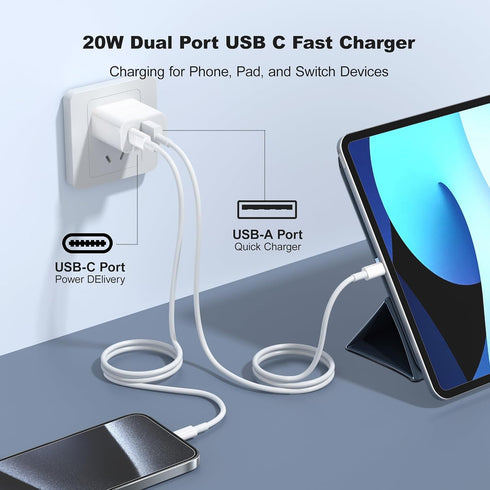USB C Charger Block 10ft&6ft Compatible with iPhone Fast Charger, Upgrade 2Pack Wall Charger with 10ft Type C to A &