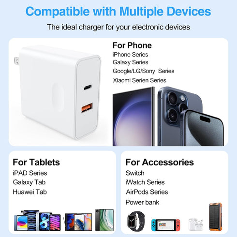 GOODaaa PD 20W Wall Charger with Cable, Dual Ports Fast Charging Power Adapter for All iPhone Series and Android Devices