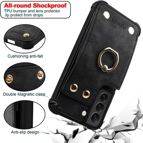 Compatible Galaxy S22 Wallet Case with Credit Card Holder, Shockproof Phone Cover with 360° Rotation Ring Stand