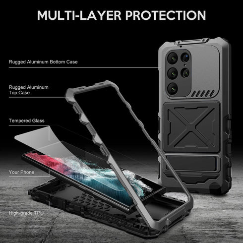 Samsung S23 Ultra Heavy Duty Armor Defender Case, Black, with Built-in Gorilla Glass, Rugged Military-Grade Protection
