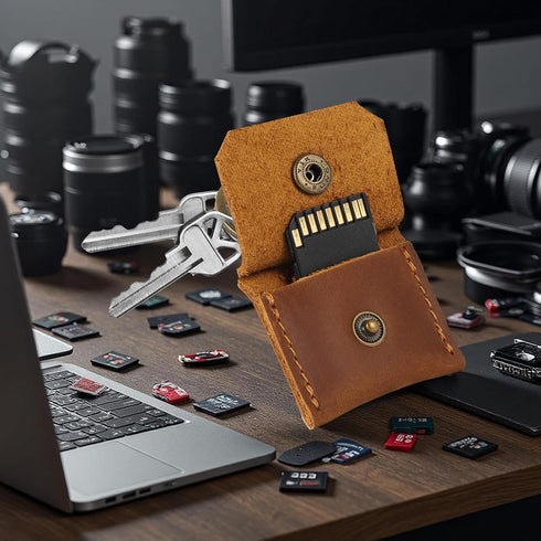 Jack&Chris Genuine Leather SD Card Holder Keychain, Anti-Shock Anti-Dust SD Card Case, Portable Camera Accessories