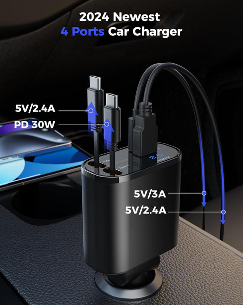 SUPERONE Retractable Car Charger for iPhone, 4 in 1 USB C Adapter with Dual Lightning Cables, PD 60W Fast Charging