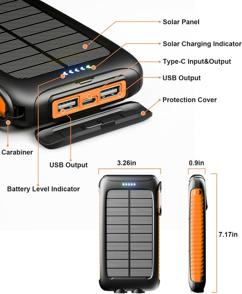 20000mAh Power Bank - Portable Solar Charger, External Battery Pack with Dual Built-in Super Bright Flashlight,