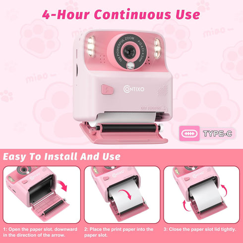 Contixo KC2A 2.4 12MP 1080P 3 MP3 412 Kids Instant Print Camera with Screen, Photo, Video, Print Rolls, Player, Type-C