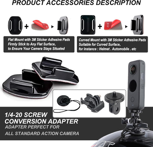 Universal Helmet Adhesive Sticky Mount for Action Cameras, Includes 4 Curved/Flat Mounts, 2 Anchors, 2 Base Mounts, 2 Tripod Adapters, Compatible with Insta360, GoPro, DJI OSMO