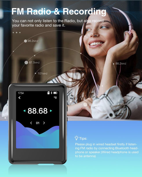 Tokemisc MP3 Player with Bluetooth 5.3, 16GB Full Touchscreen, Kids Portable Music Device, FM Radio, E-Book, Earphones