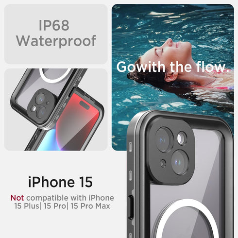 Miimall Waterproof iPhone 15 Case, Built-in Screen Protector, Full-Body Rugged Shockproof Dustproof Magnetic Case