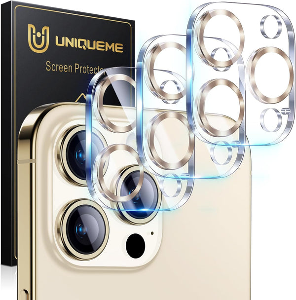 UniqueMe 3 Pack Camera Lens Protector for iPhone 15 Pro/Pro Max, 9H Tempered Glass, Drop Protection, Gold