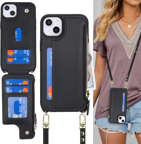 Cavor for iPhone 15 Case with Card Holder, Wallet Case for Women, Crossbody Lanyard and Wristlet, Leather Zipper Pocket