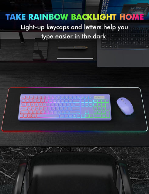 Wireless Keyboard and Mouse Combo, RGB Backlit, Rechargeable, Full-Size Ergonomic Tilt Angle, 2.4GHz Quiet Keyboard