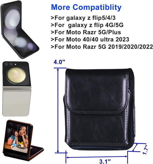 Leather Phone Pouch for Samsung Galaxy Z Flip 5/4/3, Belt Holster Case with Clip for Motorola Razr + 2023, Black