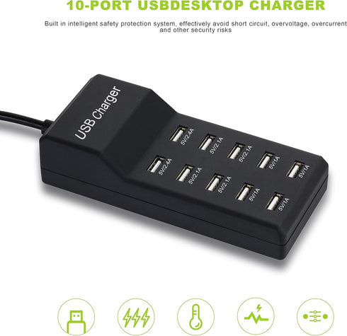 50W USB Charging Station with 10-Port Smart USB Ports for Multiple Devices - Family-Sized for iPhone 15/14/13 Black