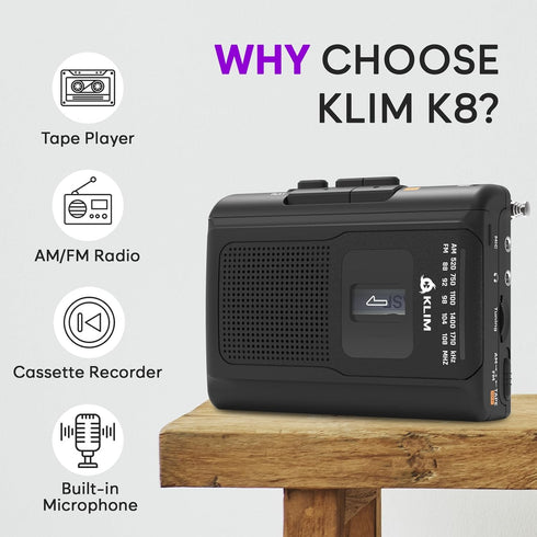 KLIM K8 Cassette Cassette Cassette Tape Player Portable + Recorder + NEW + AM/FM Walkman Player + Built-in Microphone