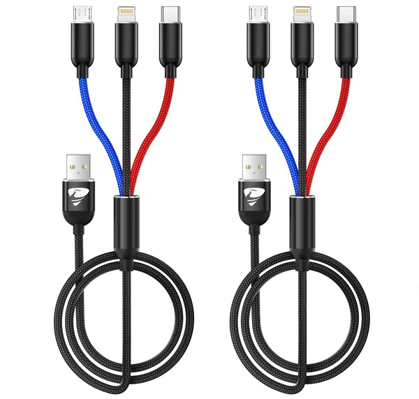 Aioneus 3-in-1 Multi Charging Cable: Fast Charging Nylon Braided USB Cable with Type-C, Micro USB & IP Port for Phones